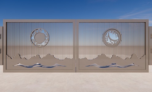 New Chinese Style Double Open Iron Gate Outdoor Iron Gate Sun Moon Elements 3d model