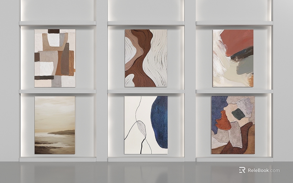 Abstract Paintings Displayed on White Shelves With Diverse Color Tones and Abstract Forms 3d model 