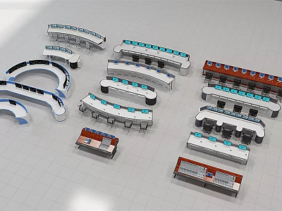 Various Control Room Console Designs With Curved Linear Shapes And Monitor Setups 3d model