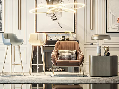 Modern Brown Upholstered Leisure Chair In Living Room With Side Table And Floor Lamp 3d model