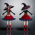 Witch Character Design With Purple Hat Red Hair And Black Red Outfit Front Back Views 3d model