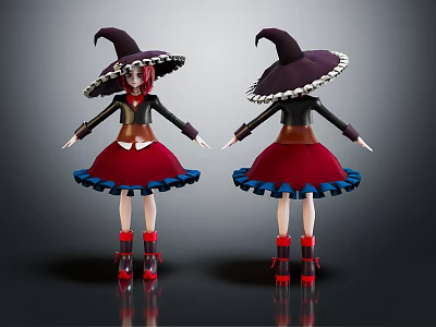 Witch Character Design With Purple Hat Red Hair And Black Red Outfit Front Back Views 3d model