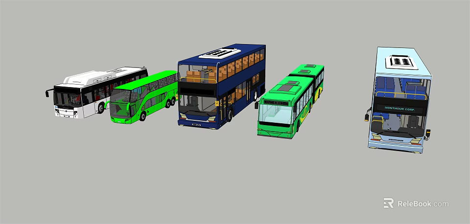 Different Types Of Buses Including Double Decker And Single Decker In Green Blue White 3d model 