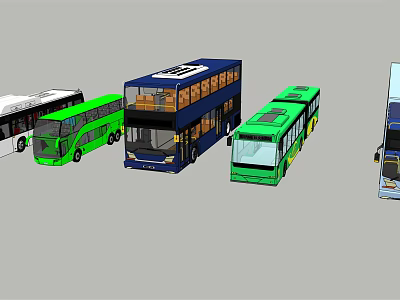 Different Types Of Buses Including Double Decker And Single Decker In Green Blue White 3d model