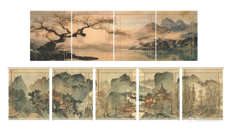 Traditional Bamboo Blinds With Landscape Paintings Mountain Scenery And Ancient Architecture 3d model 