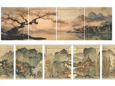 Traditional Bamboo Blinds With Landscape Paintings Mountain Scenery And Ancient Architecture 3d model