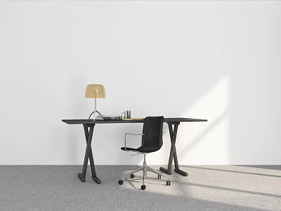 Modern Black Desk With Table Lamp And Black Office Chair In Bright Room With White Wall And Gray Carpet 3d model