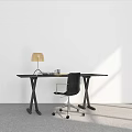 Modern Black Desk With Table Lamp And Black Office Chair In Bright Room With White Wall And Gray Carpet