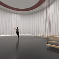 Art Installation With Suspended Ropes And Wooden Steps In Curved Indoor Space
