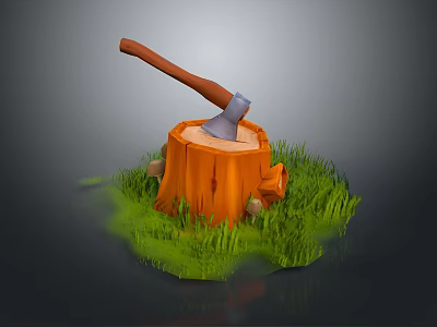 Rustic Axe with Wooden Handle Embedded in Tree Stump Surrounded by Green Grass 3d model