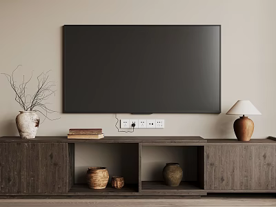 Wooden TV Stand with Open Shelves Clay Pots Vase Books Table Lamp and Large TV 3d model