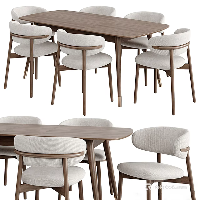 Modern Wooden Dining Table Set With Upholstered Armchairs And Light Seats 3d model 
