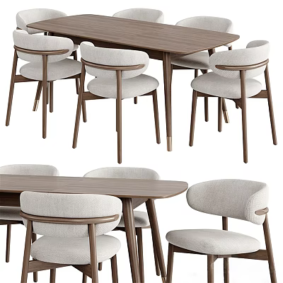 Modern Wooden Dining Table Set With Upholstered Armchairs And Light Seats 3d model