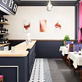 Cozy Restaurant Interior With Brick Walls Purple Booths White Tablecloths Bar Counter And Red Stools