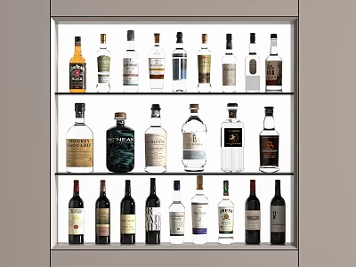 Various Wine Bottles of Different Colors and Shapes on Multi Layer Cabinet Shelves 3d model