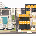 Cartoon Industrial Scene Featuring Factory Buildings Cooling Towers Storage Tanks Power Towers Truck And Trees