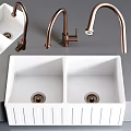 White Double Bowl Kitchen Sink With Copper Faucet For Modern Kitchen Use