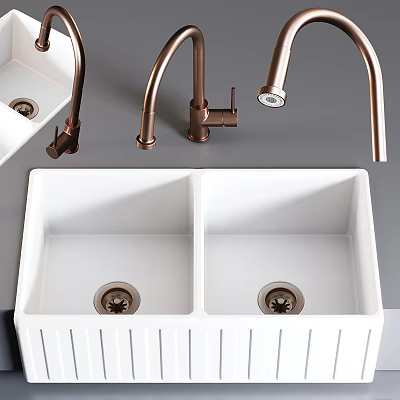 White Double Bowl Kitchen Sink With Copper Faucet For Modern Kitchen Use 3d model