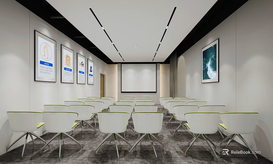 Modern Conference Room Interior With White Chairs Projection Screen And Framed Posters 3d model 