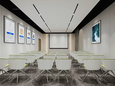 Modern Conference Room Interior With White Chairs Projection Screen And Framed Posters 3d model