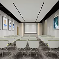 Modern Conference Room Interior With White Chairs Projection Screen And Framed Posters