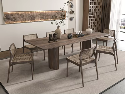 Modern Wooden Dining Table Set With Rattan Chairs And Decorative Items In Interior 3d model