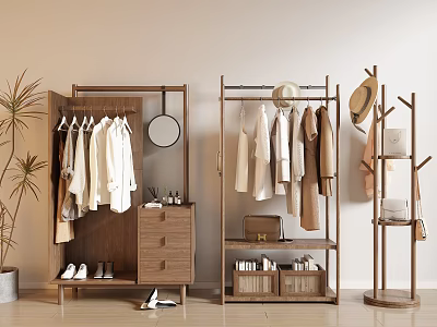 Minimalist Wooden Clothes Rack with Shelves Drawer for Hanging Clothes Hats Bags and Shoes Storage 3d model