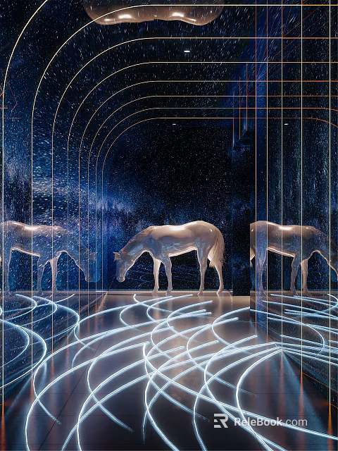 Starry Sky Themed Exhibition Hall with Silver Horse Sculptures Illuminated Floor Lines and Arched Structures 3d model 