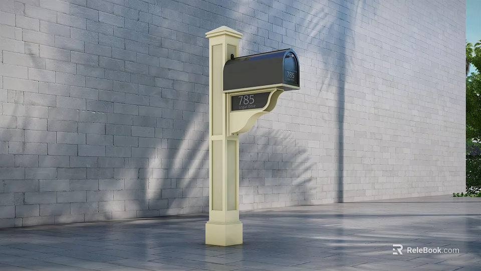 Commercial Mailbox With Beige Post Black Compartment And Number 789 Against Gray Brick Wall 3d model 
