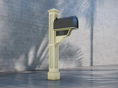 Commercial Mailbox With Beige Post Black Compartment And Number 789 Against Gray Brick Wall 3d model