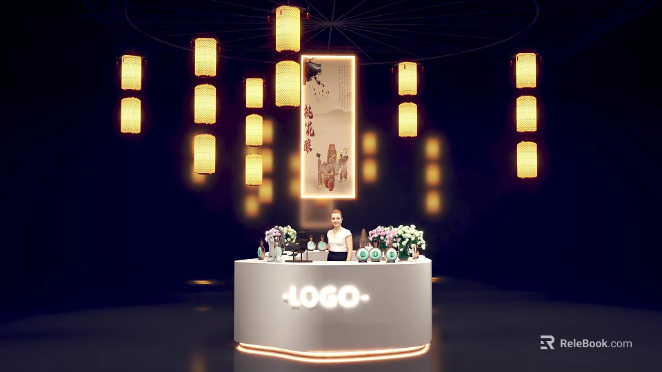 Chinese Style Circular Display Counter Decorated with Flowers LOGO and Lantern Lighting Background 3d model 