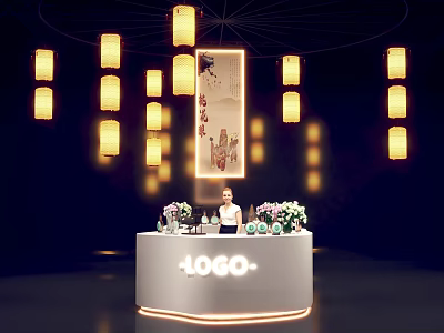 Chinese Style Circular Display Counter Decorated with Flowers LOGO and Lantern Lighting Background 3d model