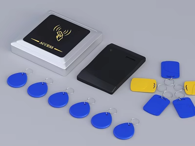 Secure Public Facilities Access Control System with RFID Reader and Blue Yellow Key Cards 3d model