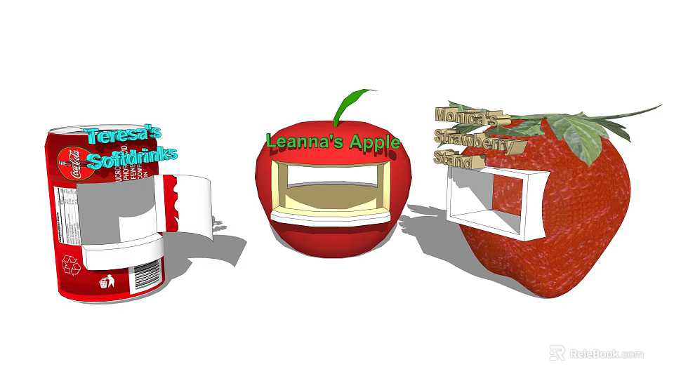Unique Exhibition Booths Featuring Apple Strawberry Shapes And Soft Furnishings 3d model 