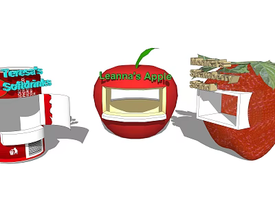Unique Exhibition Booths Featuring Apple Strawberry Shapes And Soft Furnishings 3d model