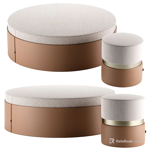 Modern Round Ottoman Set With Light Upholstered Seat Brown Base And Gold Trim 3d model 