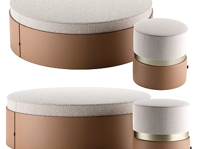 Modern Round Ottoman Set With Light Upholstered Seat Brown Base And Gold Trim 3d model