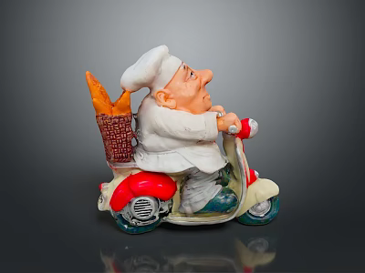 Decorative Chef Figurine Riding Red And White Scooter With Bread Basket 3d model