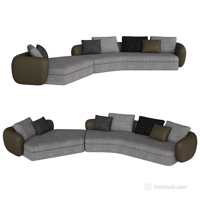 Modern Gray Sectional Sofa With Dark Brown Armrests And Multi Colored Cushions 3d model