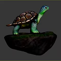 Vibrant Turtle Figurine With Colorful Shell Green Limbs And Head On Rock With Green Moss