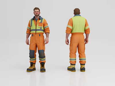 Man in Orange Work Uniform with Reflective Stripes Front and Back Views 3d model