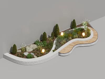 Relaxing Wooden Outdoor Chair In Garden Patio With Green Plants And Pathway Lighting 3d model