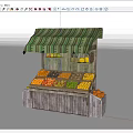 Fresh Colorful Fruits Display At Wooden Fruit Stand With Green Striped Awning