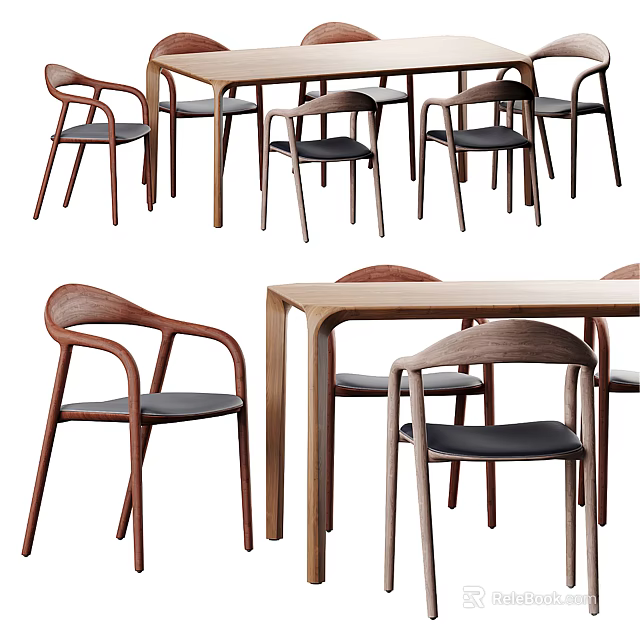 Wooden Dining Table Set With Curved Armrest Chairs And Rectangular Tabletop Dark Seat Cushions 3d model