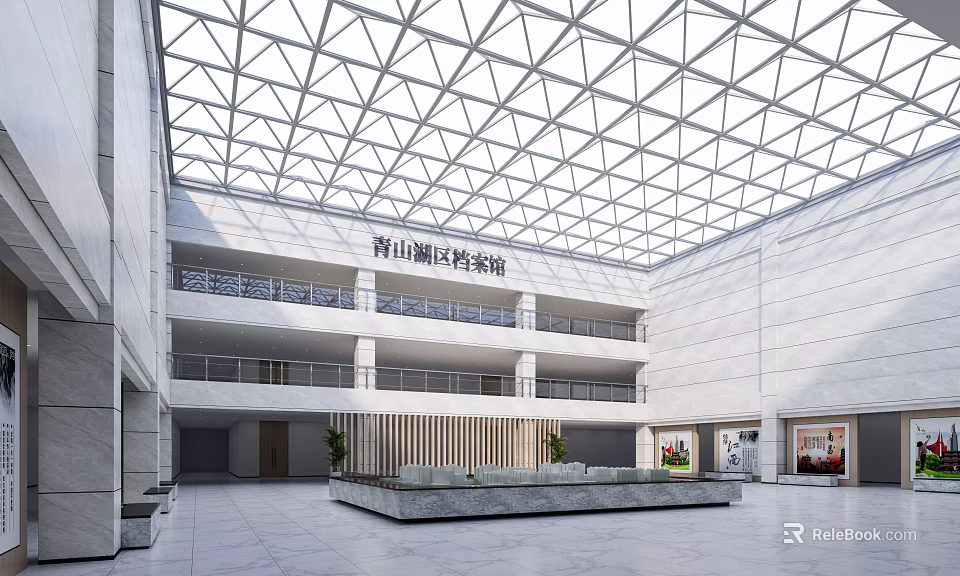 Qingshanhu District Archives Modern Lobby Reception Desk With Glass Skylight And Marble Floor 3d model 