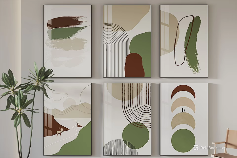 Abstract Modern Wall Art With Geometric Patterns And Green Plant Decor 3d model