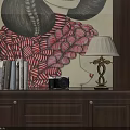 Vintage Dark Brown Wooden Bookcase With Books Decorations Large Portrait Painting Cabinets And Light Rug