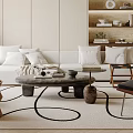 Modern Living Room Interior Design With Beige Sofa Round Coffee Table And Wooden Bookshelf