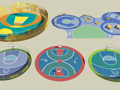 Modern Basketball Court Designs With Colorful Layouts Seating Areas And Markings 3d model