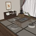Traditional Tea Room Interior With Wooden Tea Table Round Cushions And Low Cabinet